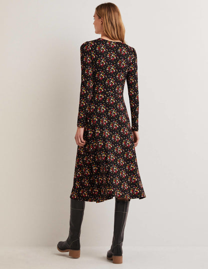 Jersey-Midikleid mit Rundhalsausschnitt-Schwarz, Getupfte Zweige-3