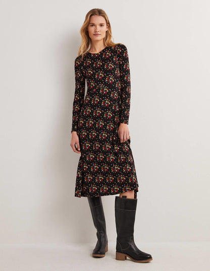 Jersey-Midikleid mit Rundhalsausschnitt-Schwarz, Getupfte Zweige-5