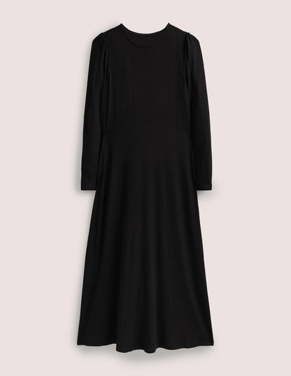 Robe midi col rond en jersey-Noir