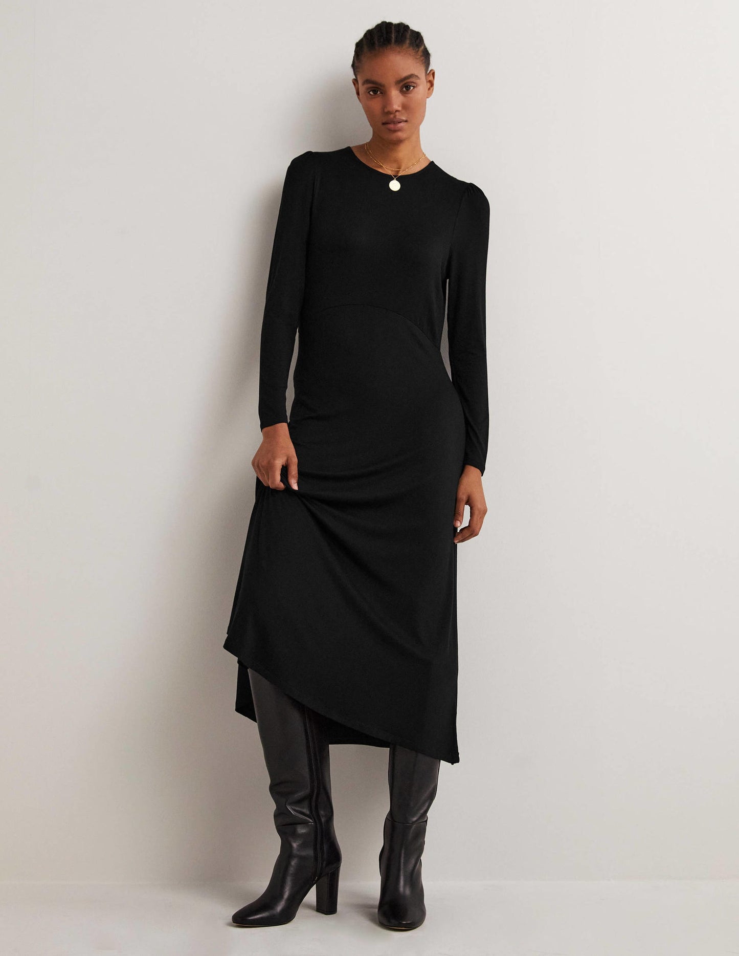 Robe midi col rond en jersey-Noir