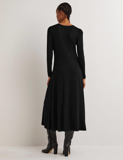 Robe midi col rond en jersey-Noir