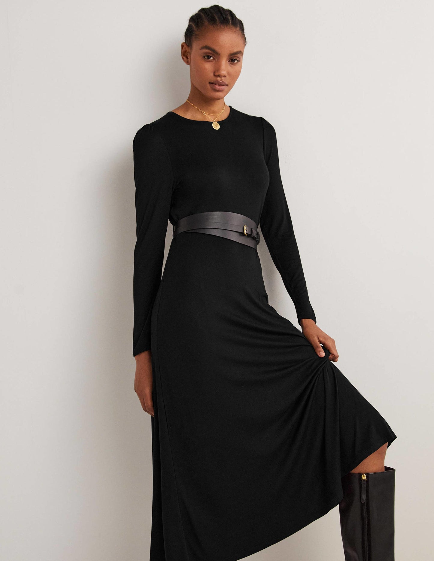 Robe midi col rond en jersey-Noir