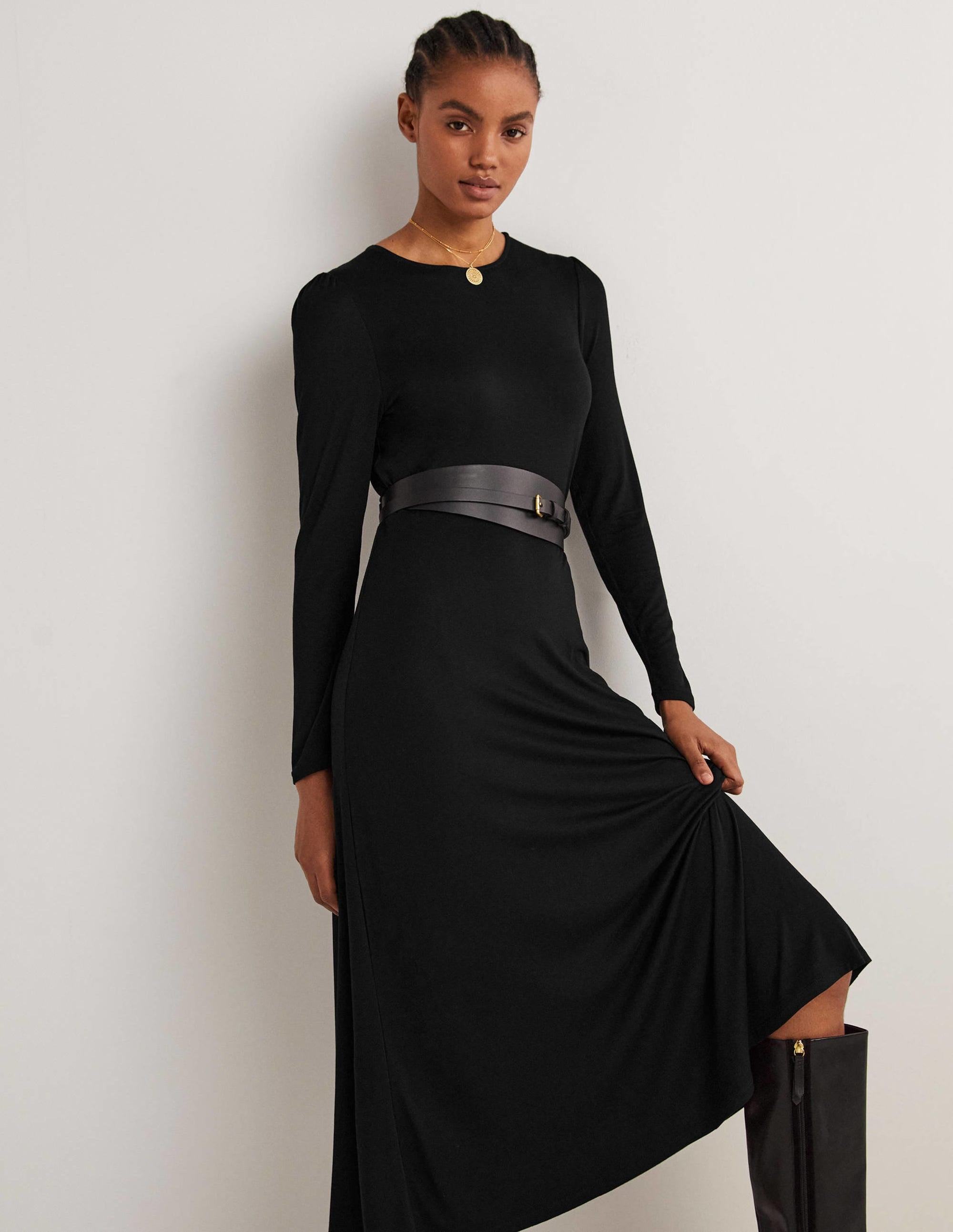 Robe midi col rond en jersey-Noir - Image 5