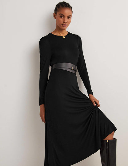 Crew Neck Jersey Midi Dress-Black