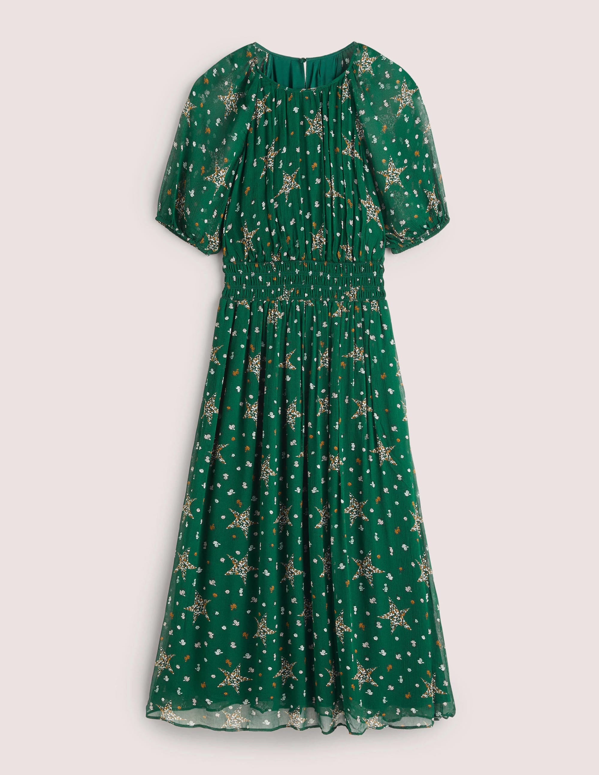Midikleid mit breiter gesmokter Taille-Jägergrün, Sterne mit Blumenmuster - Image 6