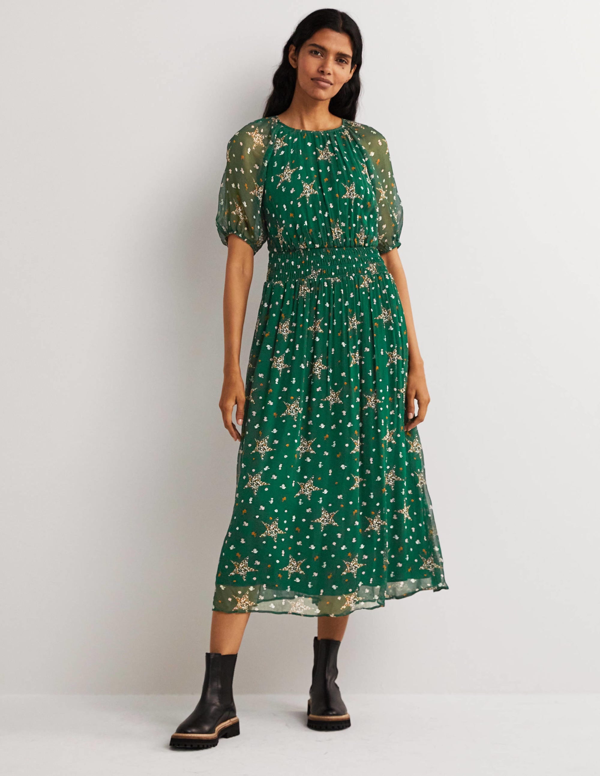 Midikleid mit breiter gesmokter Taille-Jägergrün, Sterne mit Blumenmuster - Image 1