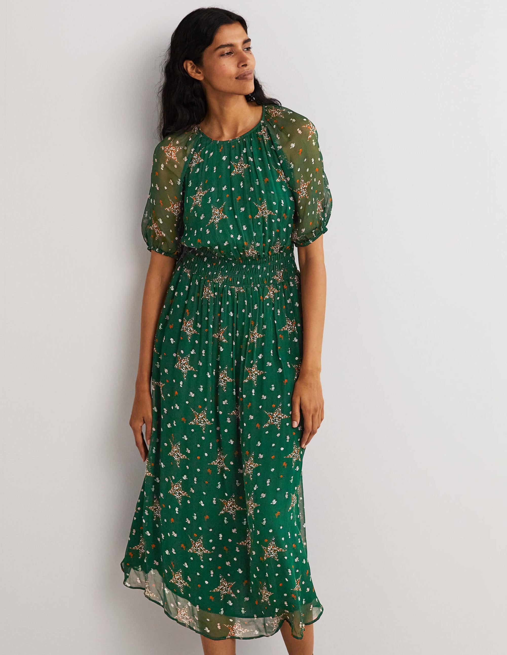 Midikleid mit breiter gesmokter Taille-Jägergrün, Sterne mit Blumenmuster - Image 5