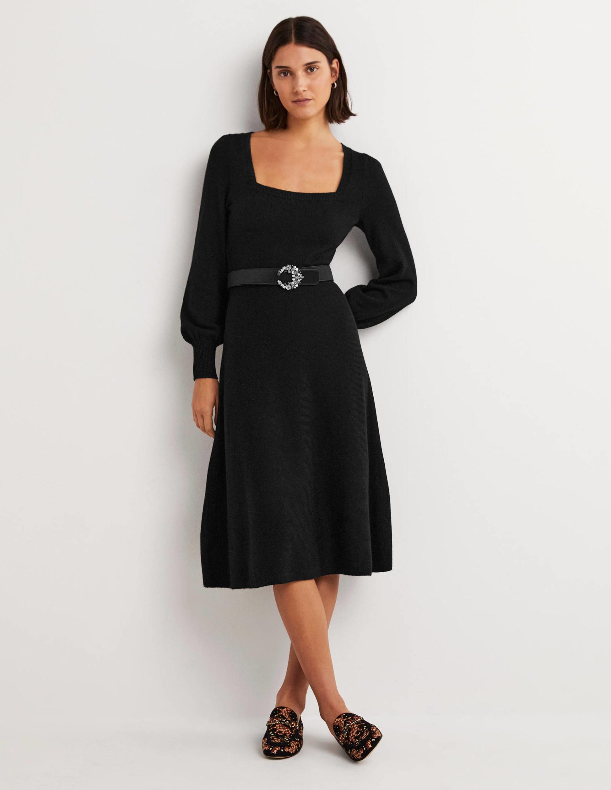 Robe col carré en maille-Noir-1