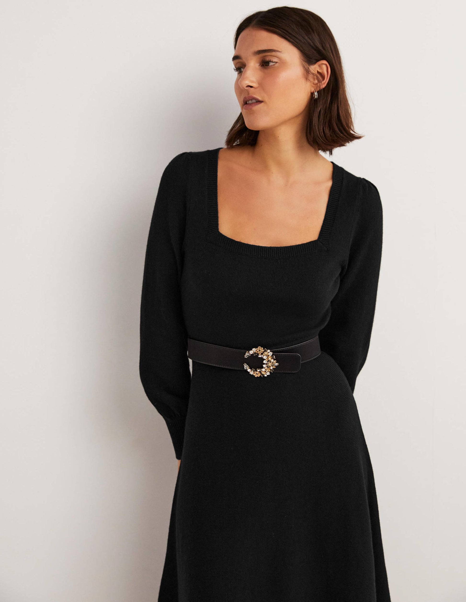 Robe col carré en maille-Noir-4