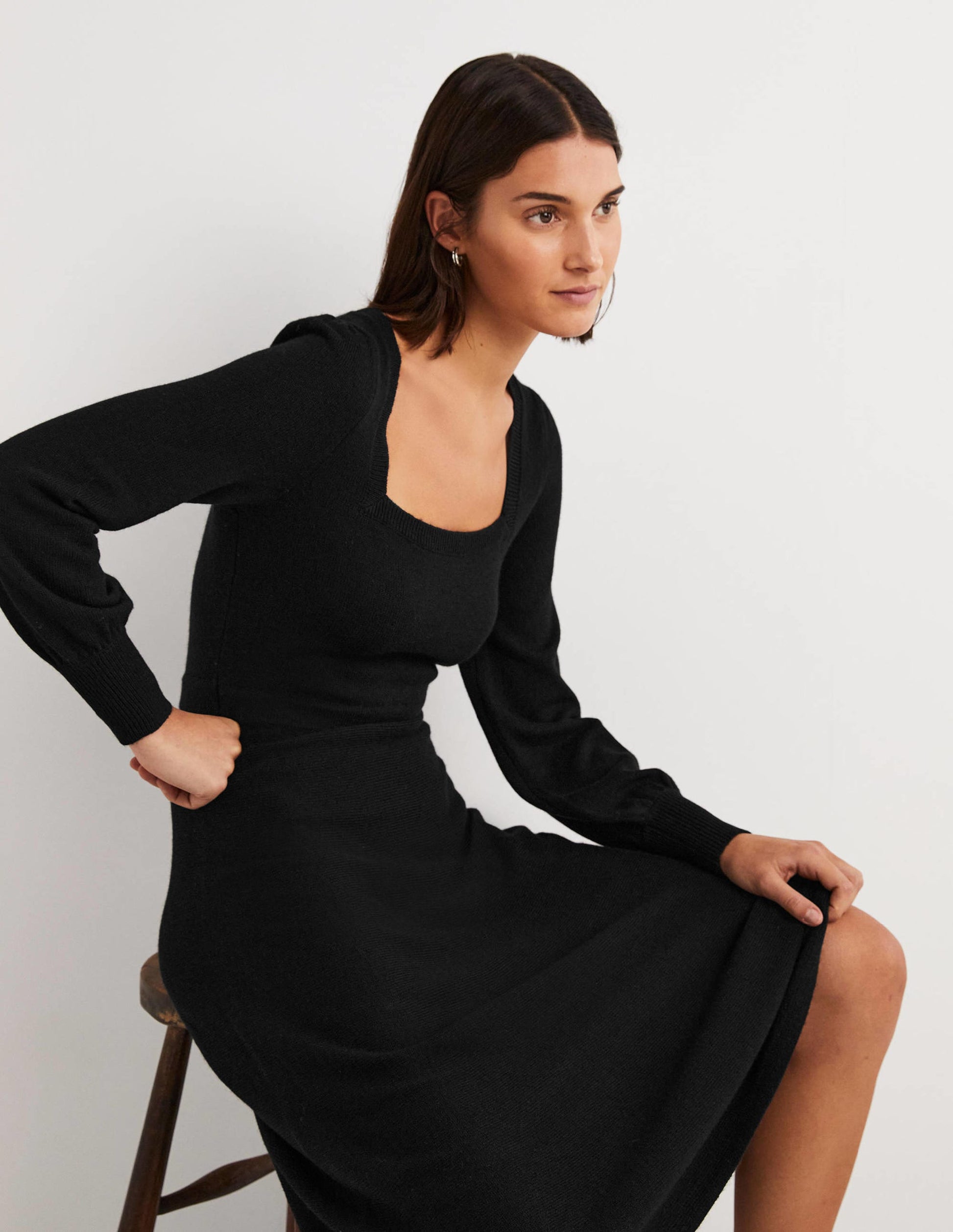 Robe col carré en maille-Noir-5