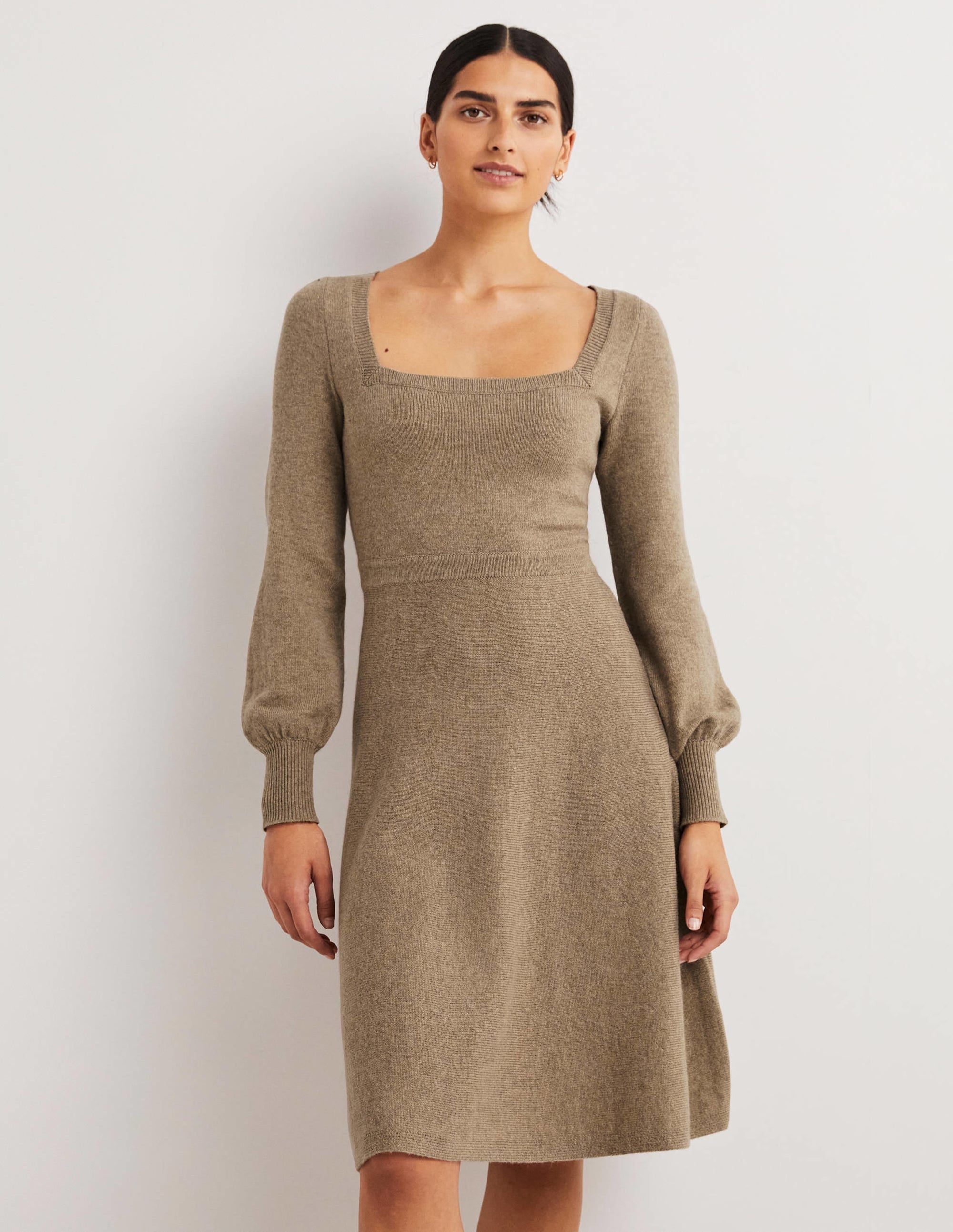 Square Neck Knitted Dress-Dark Mink Melange - Image 1