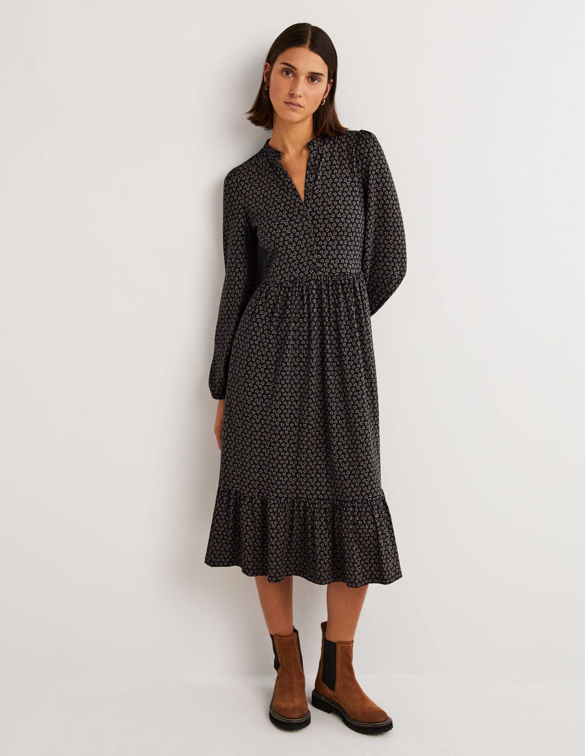 Robe midi boutonnée en jersey-Noir, motif Diamond Bud - Image 1