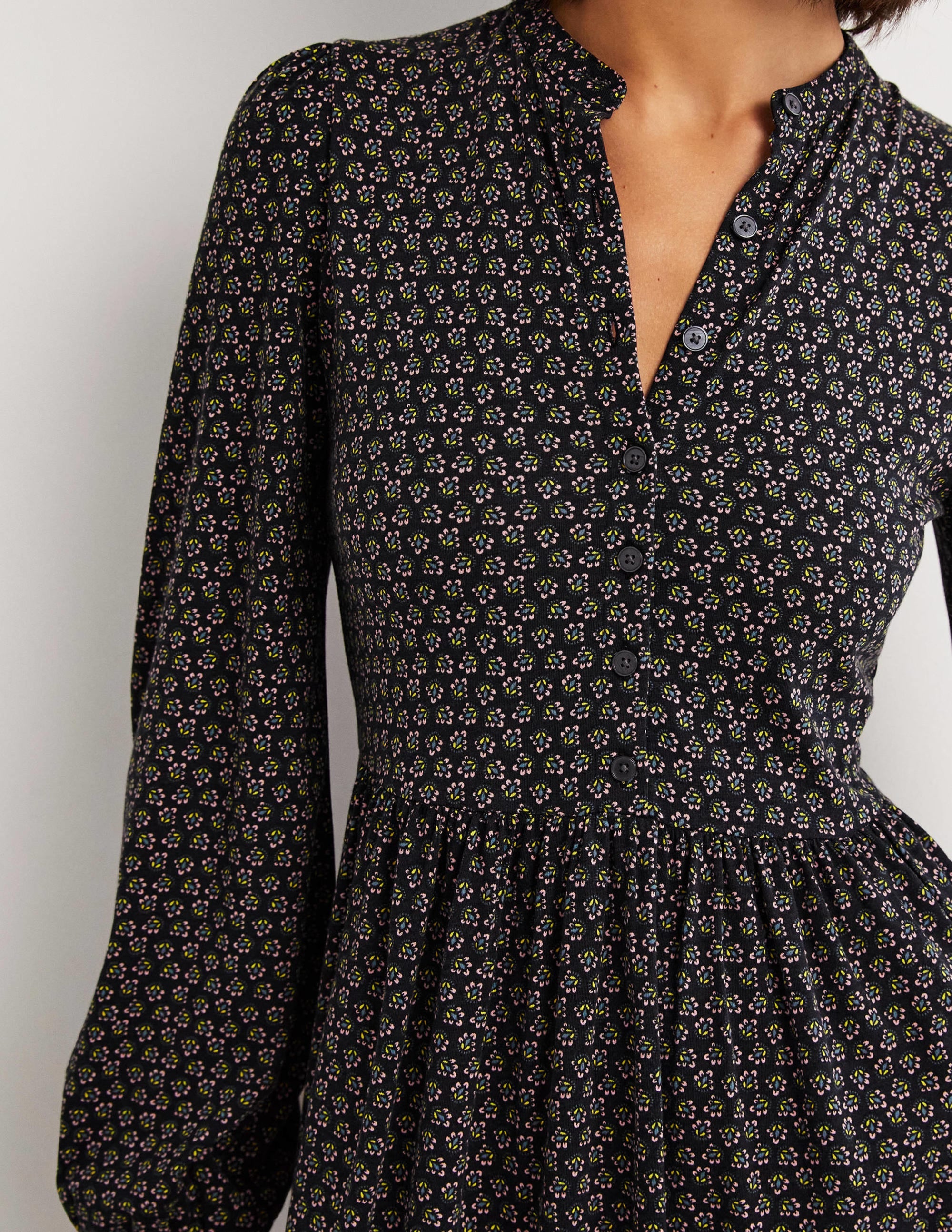 Robe midi boutonnée en jersey-Noir, motif Diamond Bud - Image 2