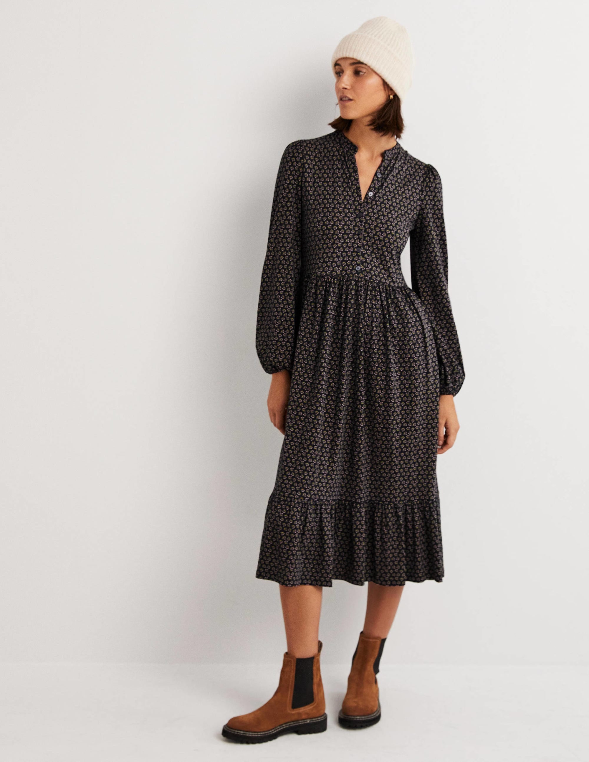 Robe midi boutonnée en jersey-Noir, motif Diamond Bud - Image 4