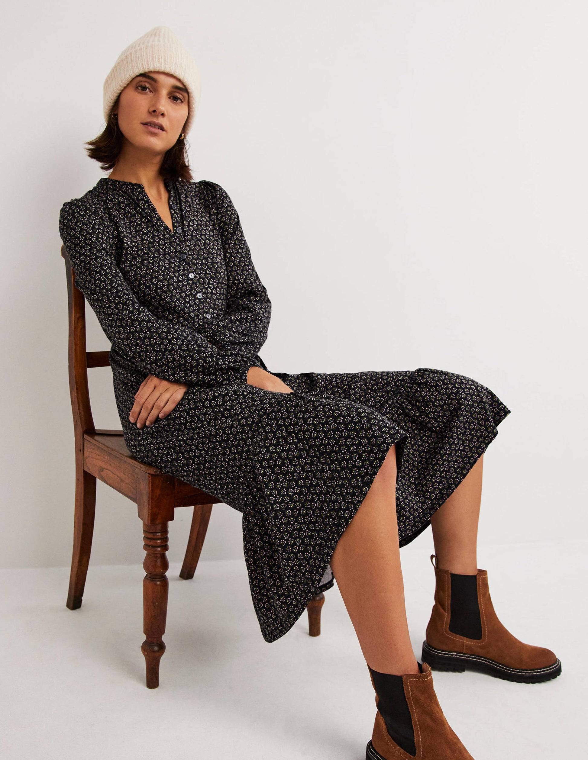 Robe midi boutonnée en jersey-Noir, motif Diamond Bud-5