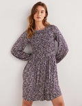 Smocked Bodice Jersey Dress-Persian Blue, Leaf Cluster