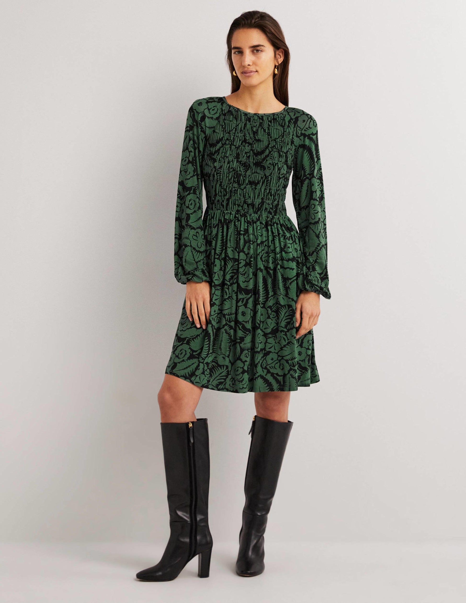 Jerseykleid mit gesmoktem Oberteil-Grün, Abstrakter Garten-1
