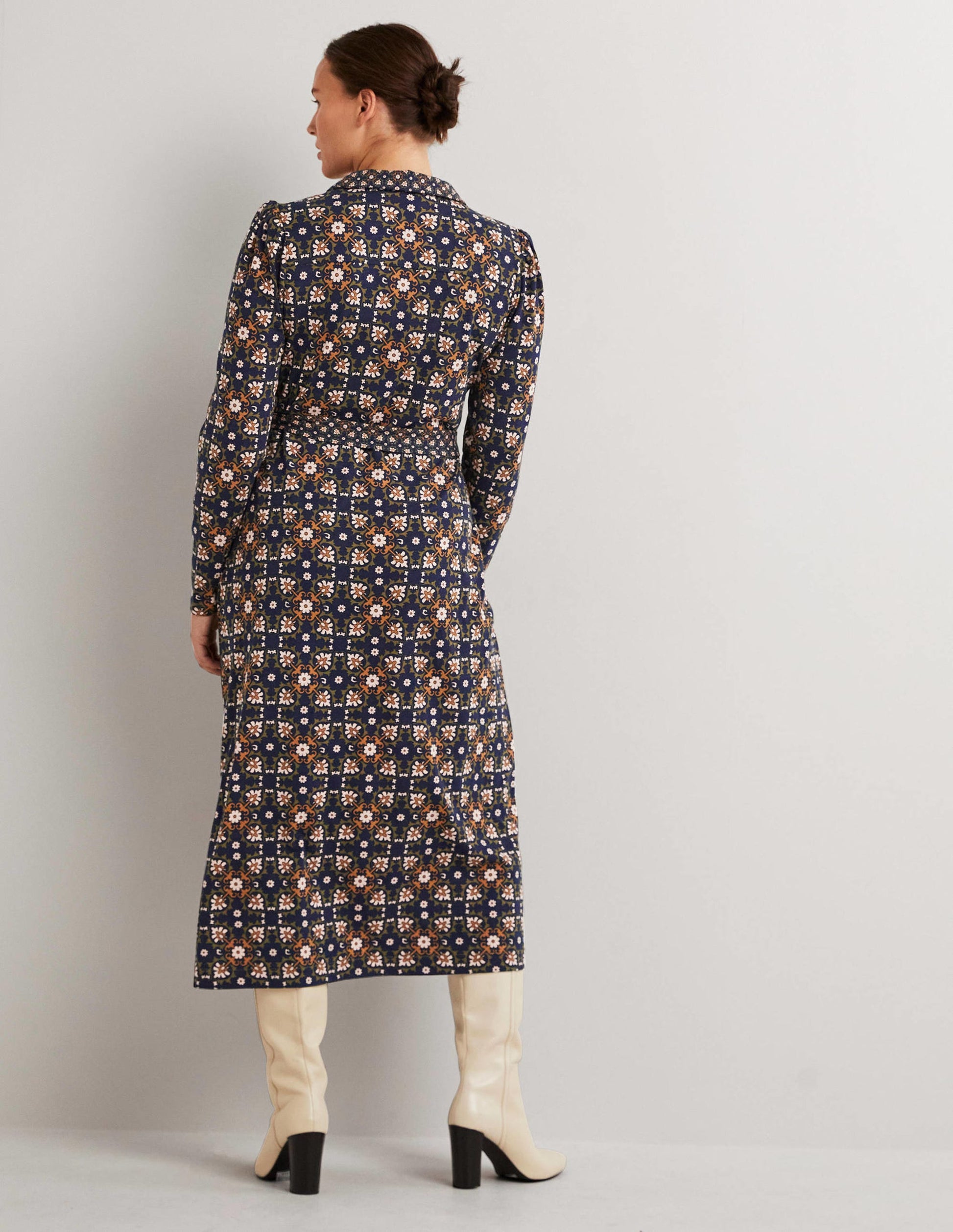 Robe-chemise midi en jersey-Basilic, motif Bloom Tile-3