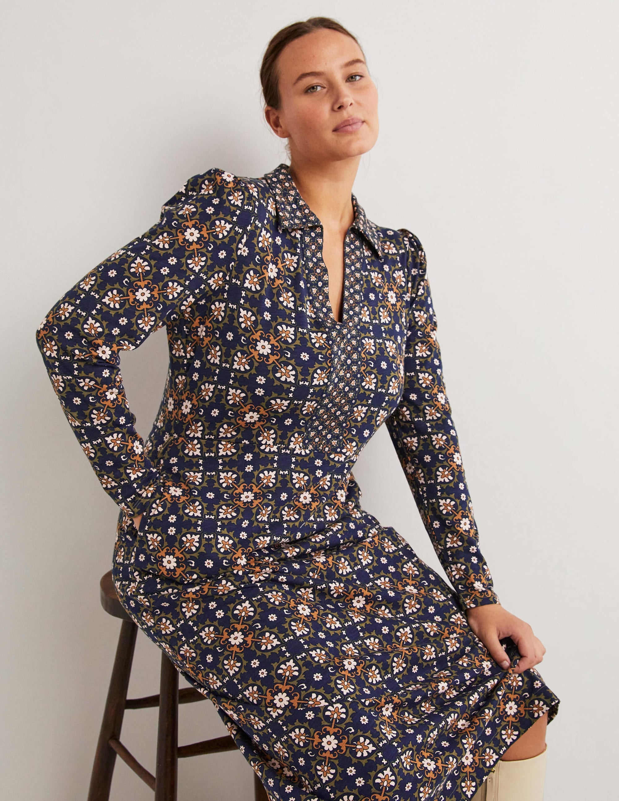 Robe-chemise midi en jersey-Basilic, motif Bloom Tile - Image 4