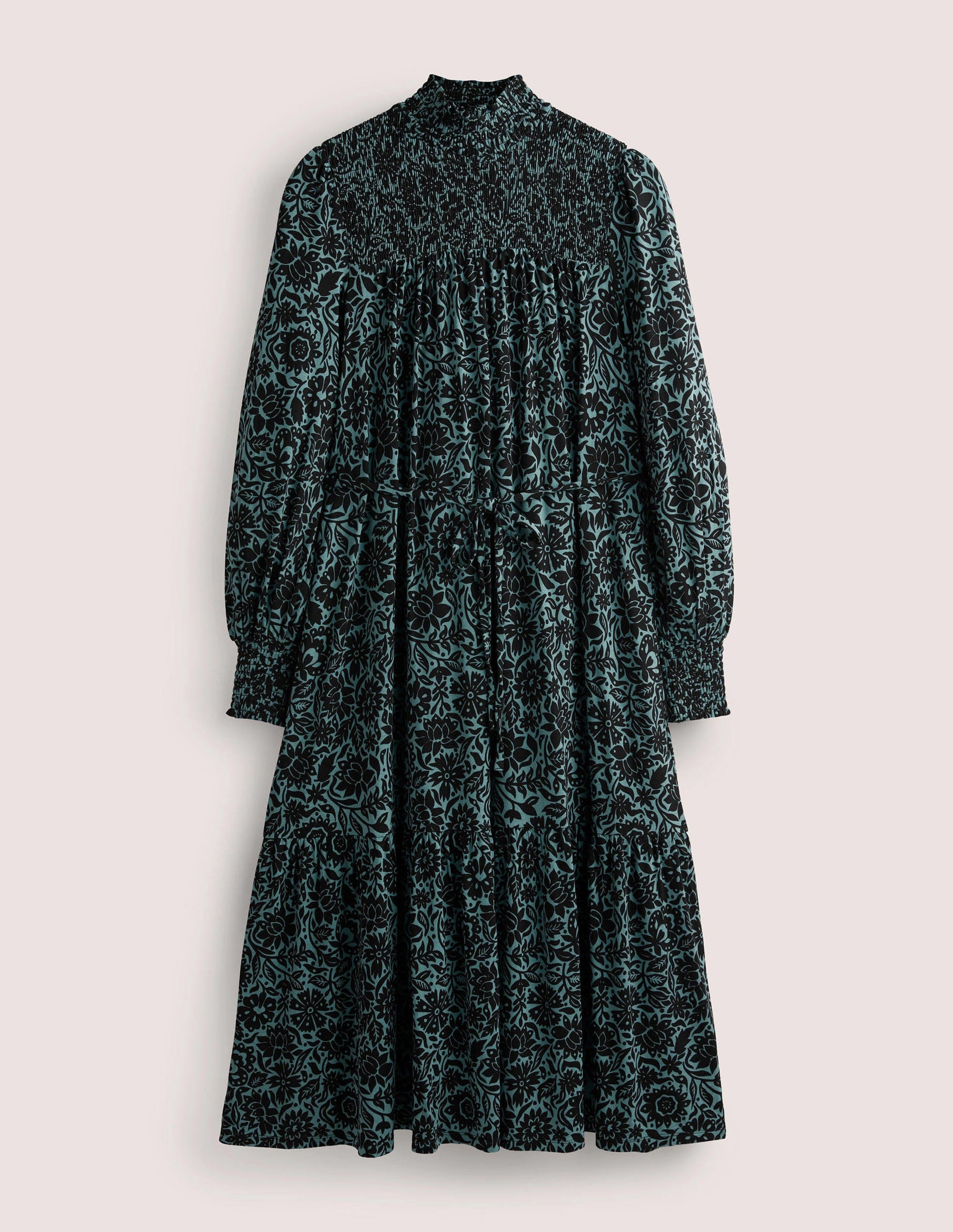 Jersey-Maxikleid mit hohem Kragen-Mittelblau, Blättriges Blumenmuster-6