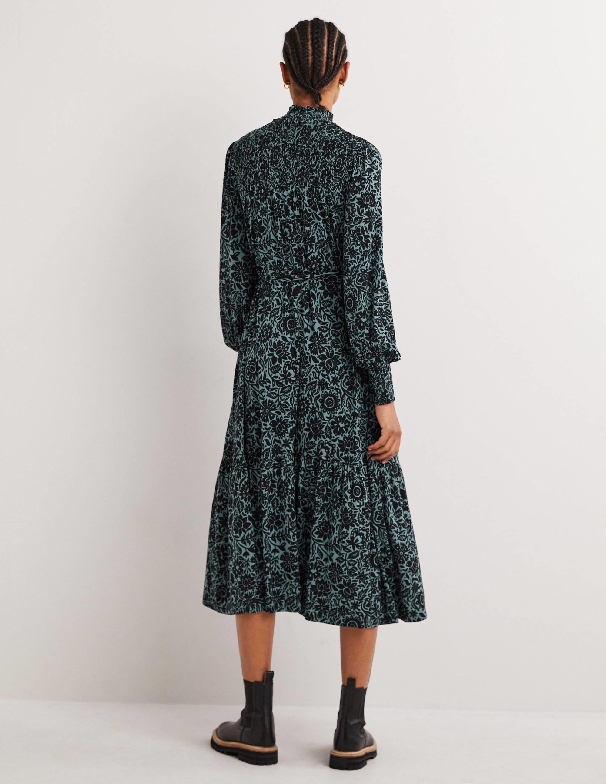 Robe longue à col montant en jersey-Bleu moyen, motif Foliage Bloom - Image 3