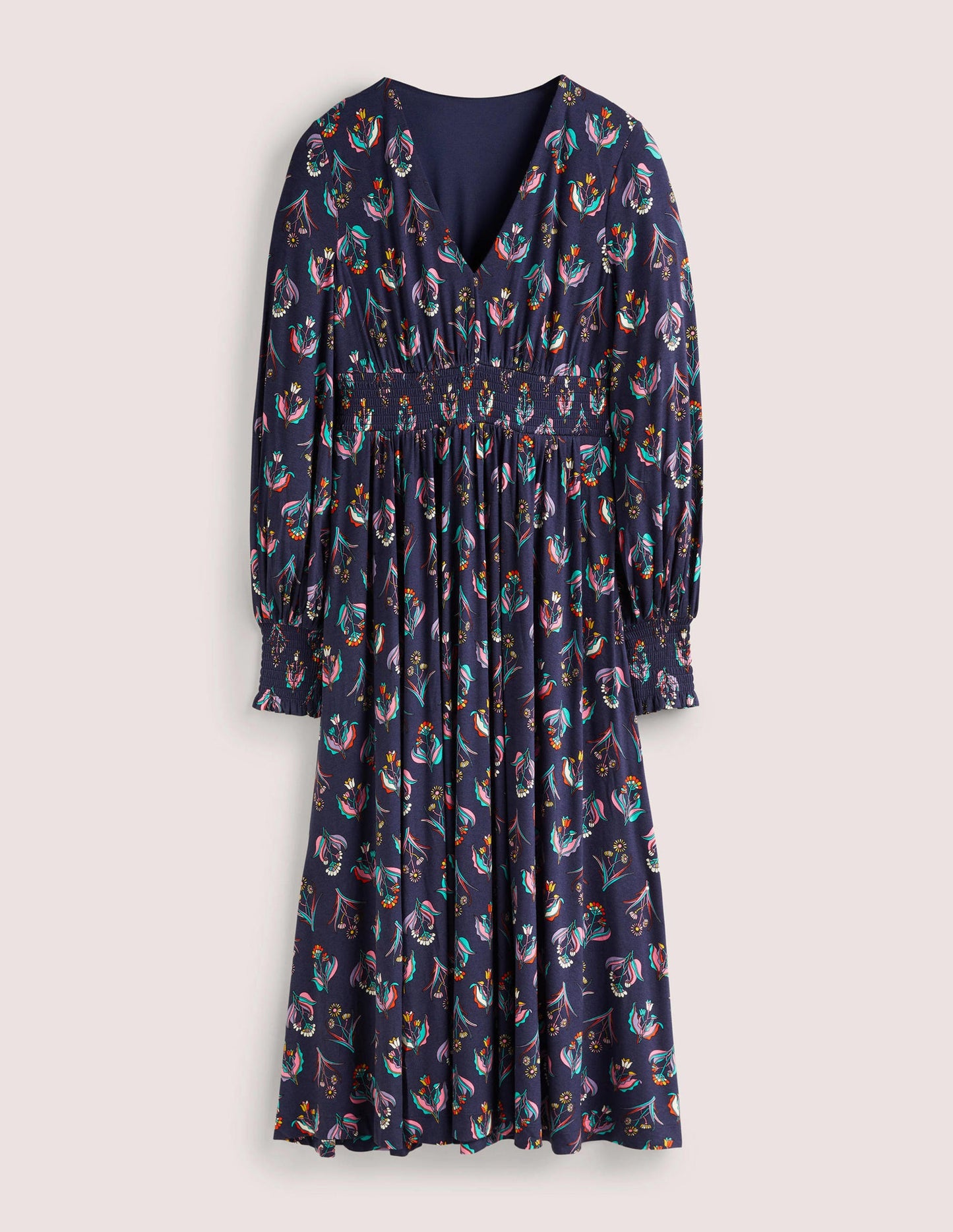 Jersey-Midikleid mit Smokdetail-Französisches Navy, Botanikmuster