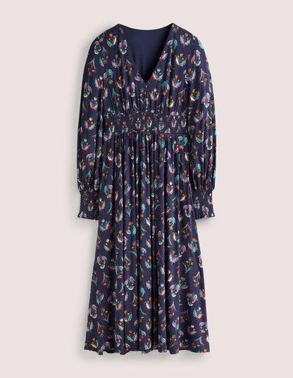 Jersey-Midikleid mit Smokdetail-Französisches Navy, Botanikmuster-5