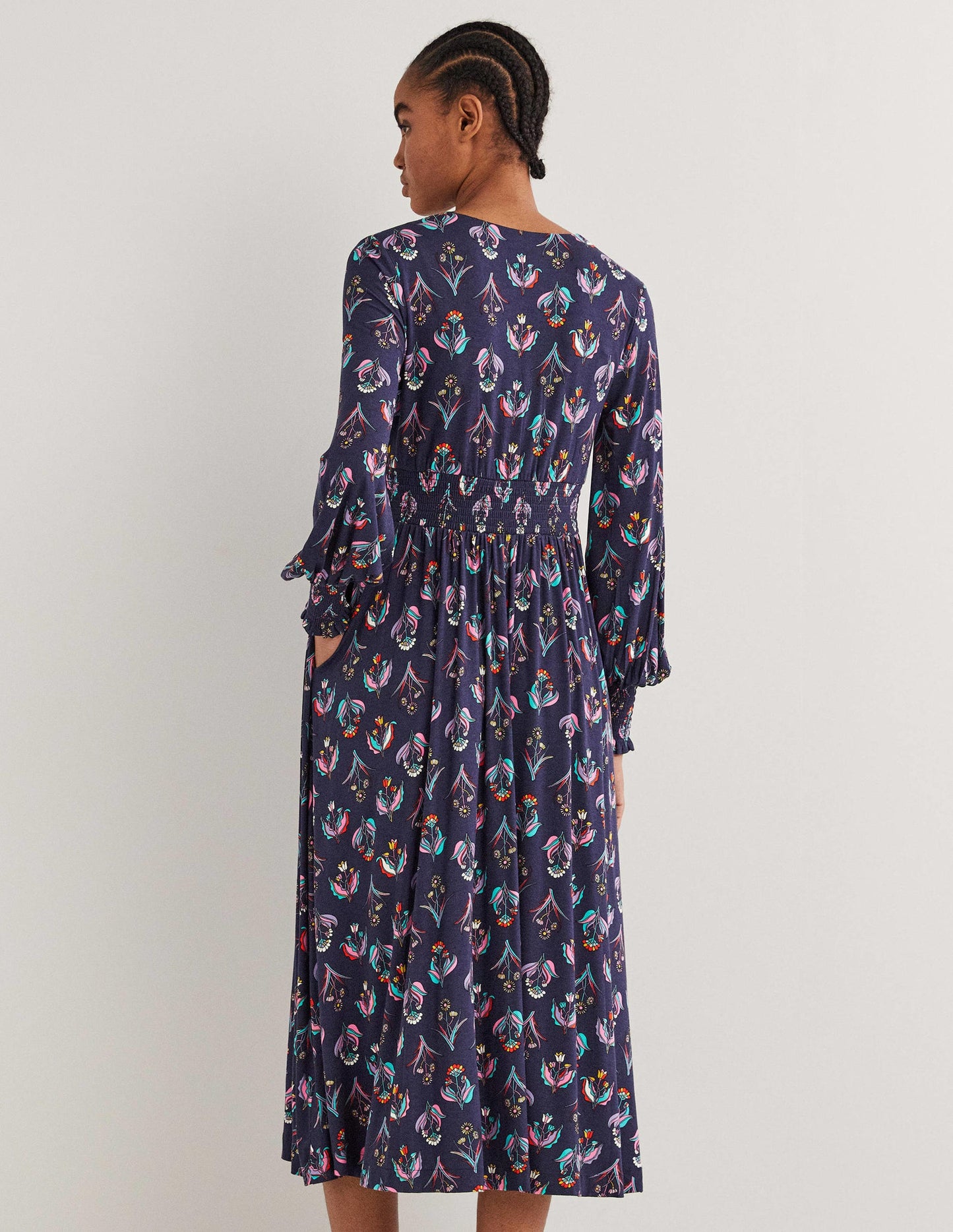 Jersey-Midikleid mit Smokdetail-Französisches Navy, Botanikmuster