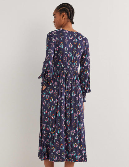 Jersey-Midikleid mit Smokdetail-Französisches Navy, Botanikmuster-3