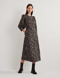 Midikleid aus Jacquard-Jersey-Spiced-Latte-Braun, Gruppierte Blätter