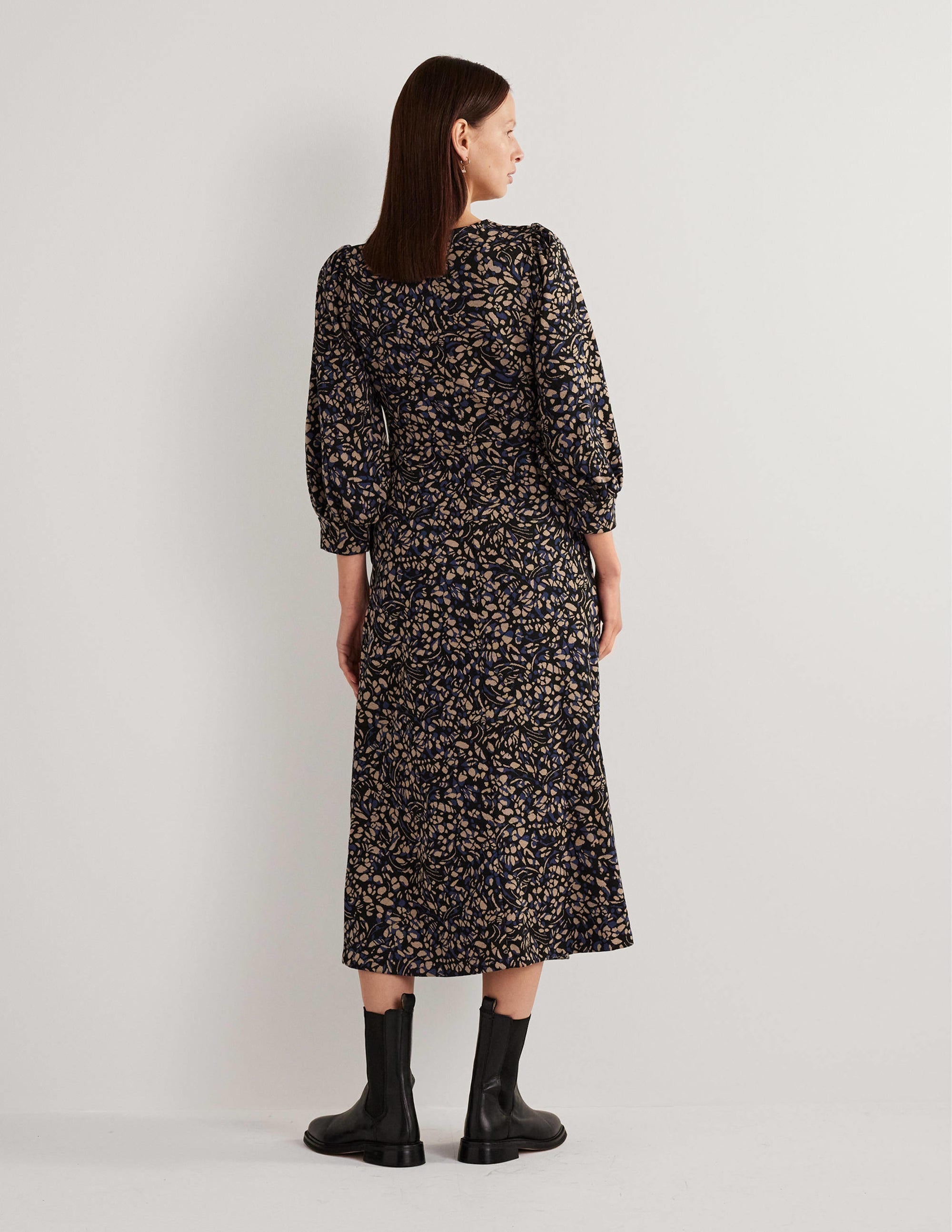 Midikleid aus Jacquard-Jersey-Spiced-Latte-Braun, Gruppierte Blätter - Image 3