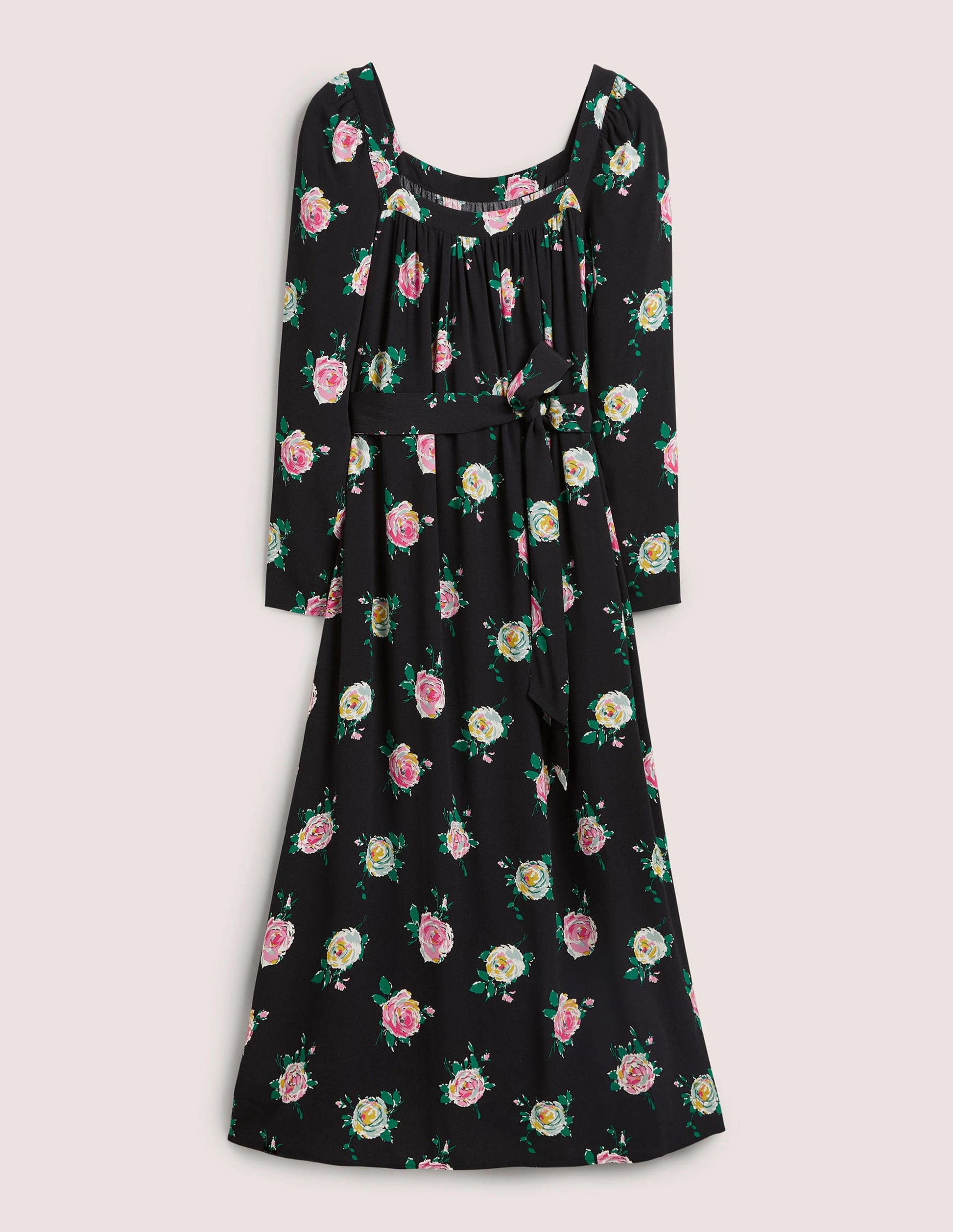 Robe longue à col carré-Noir, motif Painterly Rose-8