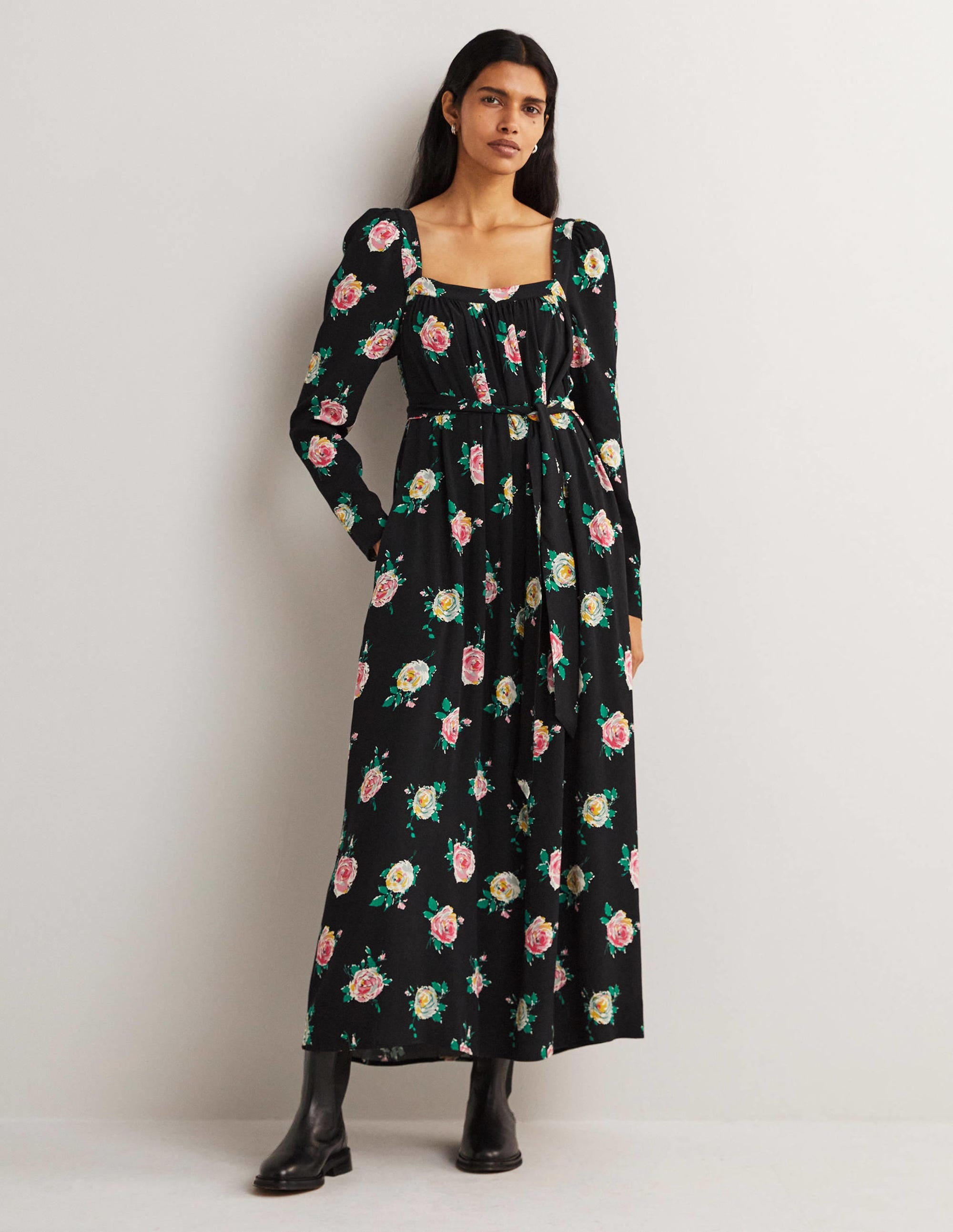 Robe longue à col carré-Noir, motif Painterly Rose - Image 1