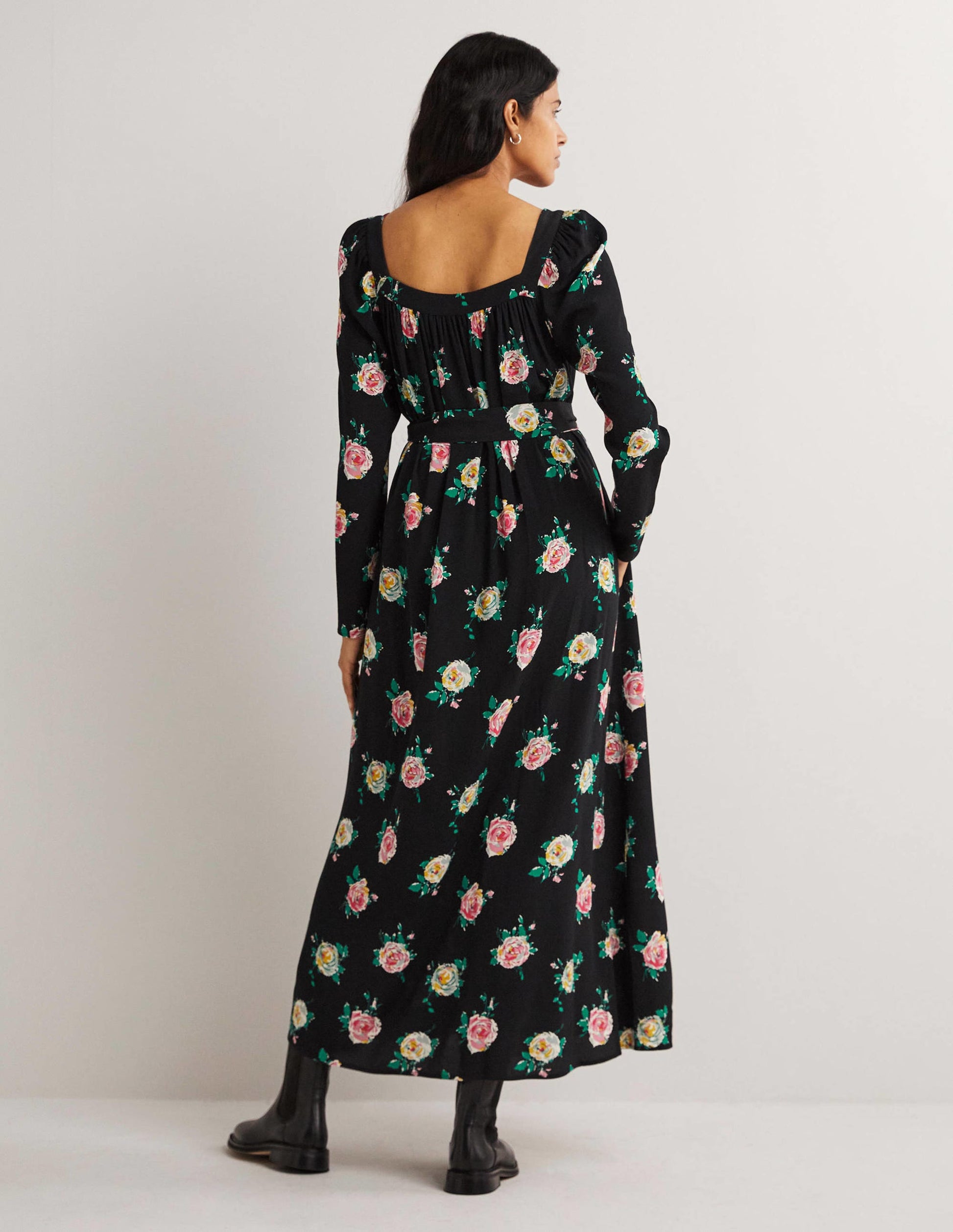 Robe longue à col carré-Noir, motif Painterly Rose-3