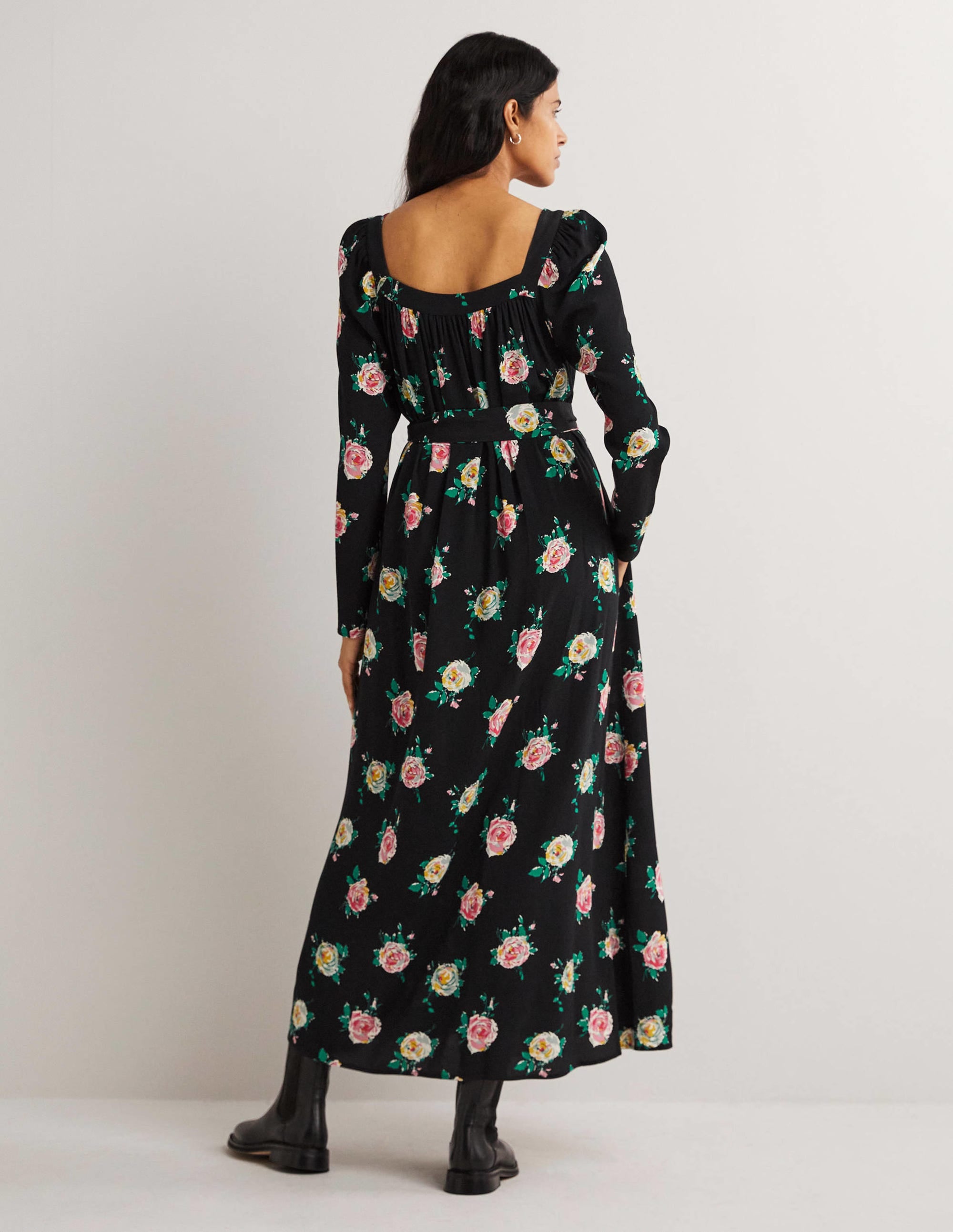 Robe longue à col carré-Noir, motif Painterly Rose - Image 3