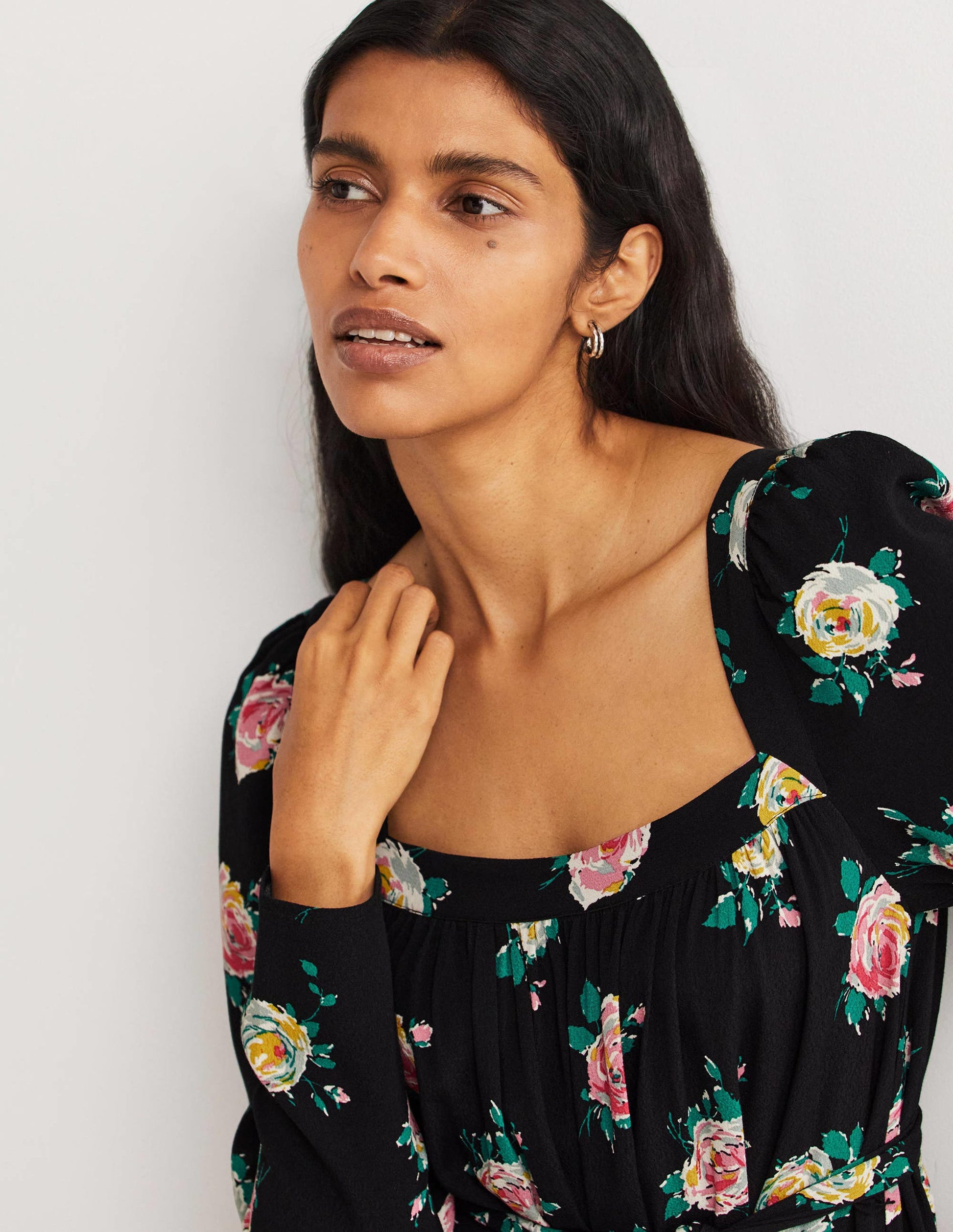Robe longue à col carré-Noir, motif Painterly Rose-5