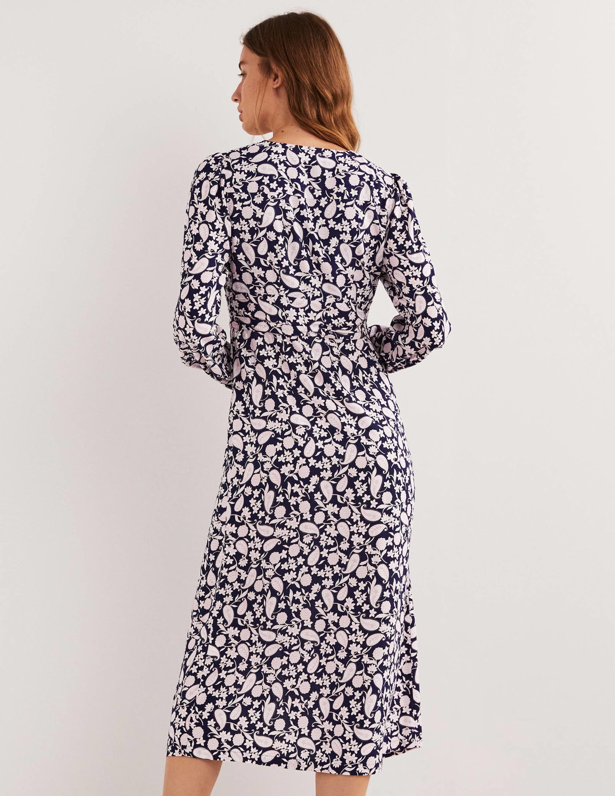 Button Through Midi Tea Dress-Navy, Flower Garden - Image 3