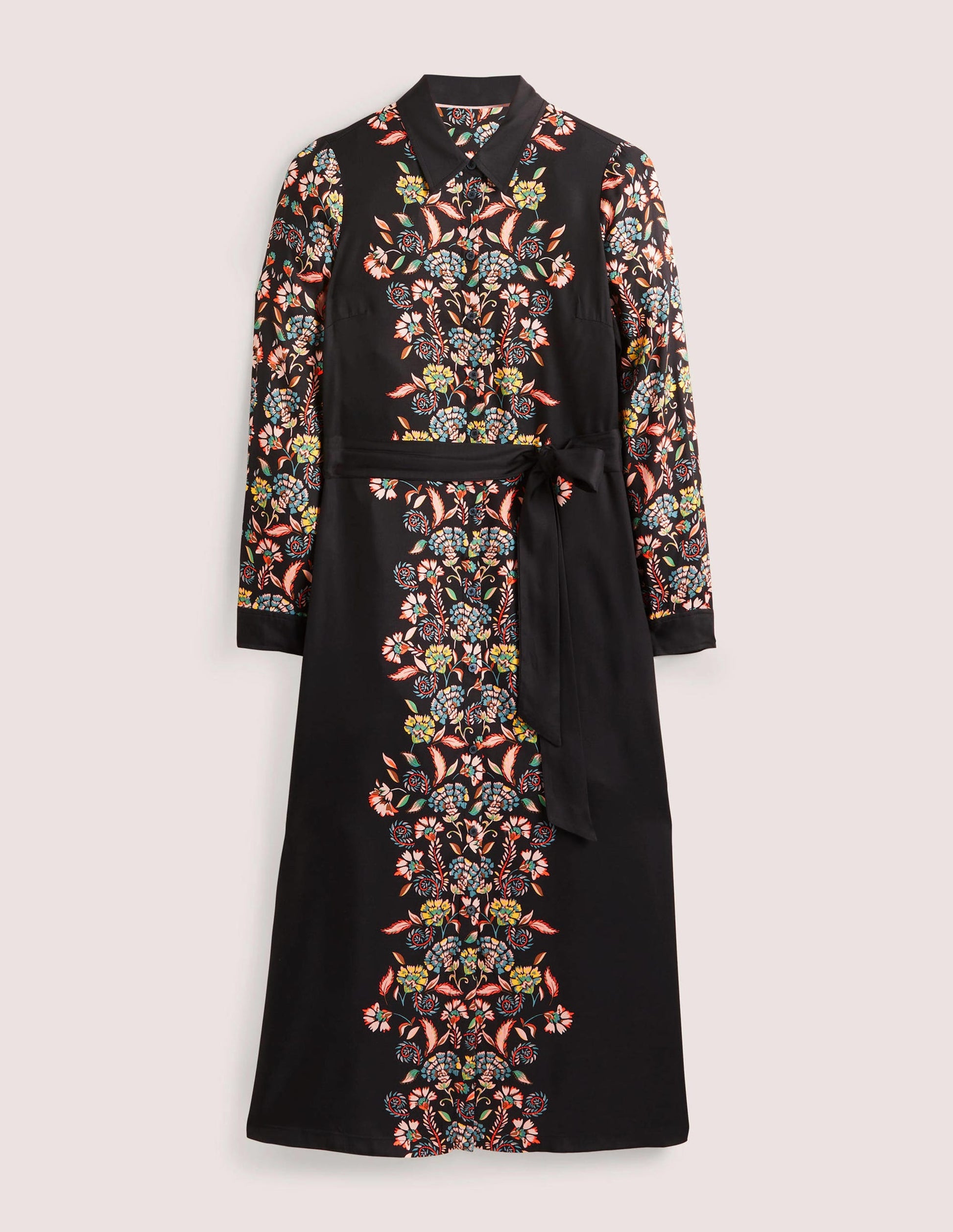 Langärmliges Midi-Hemdblusenkleid-Schwarz, Blütenknospen-6