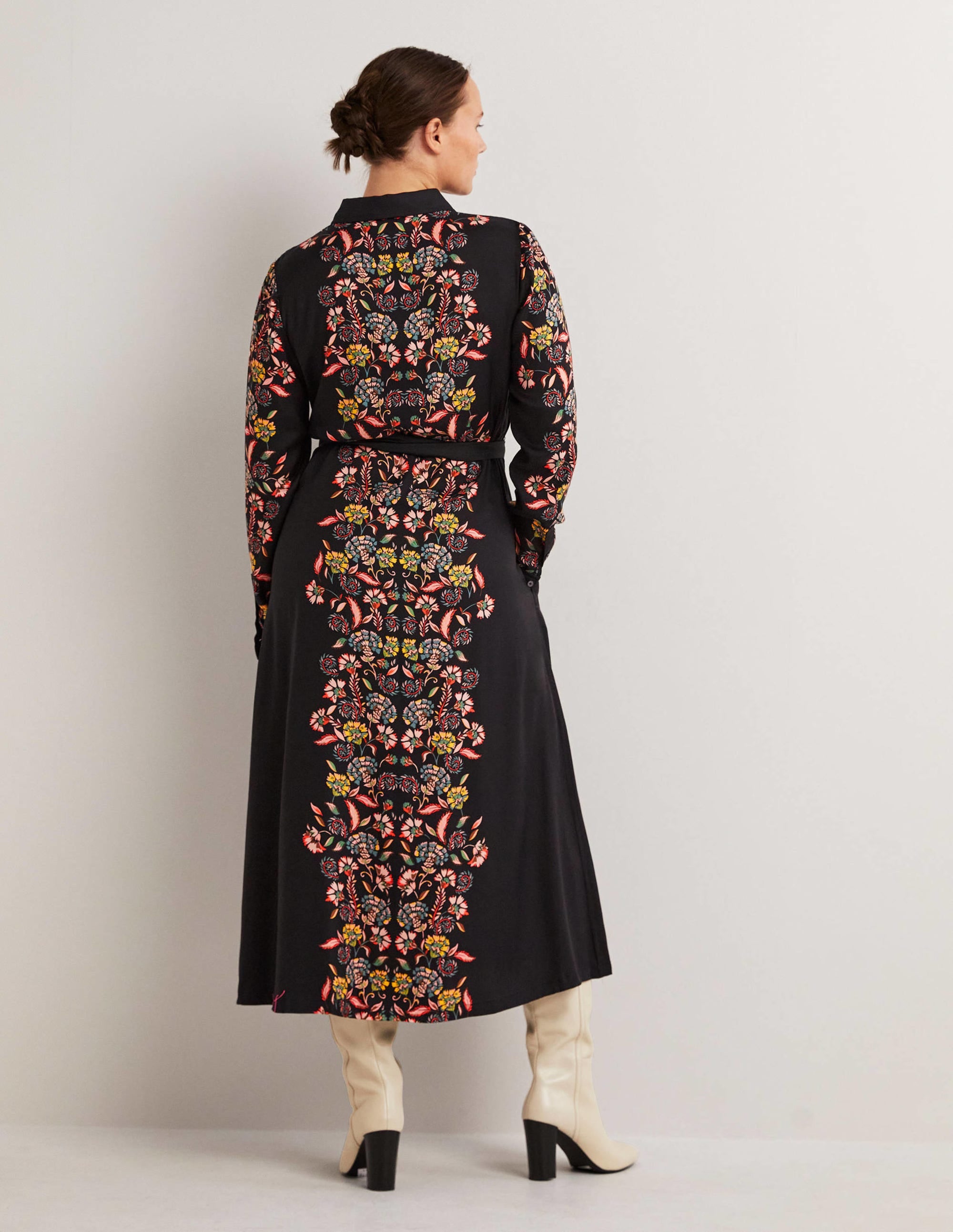 Langärmliges Midi-Hemdblusenkleid-Schwarz, Blütenknospen - Image 3