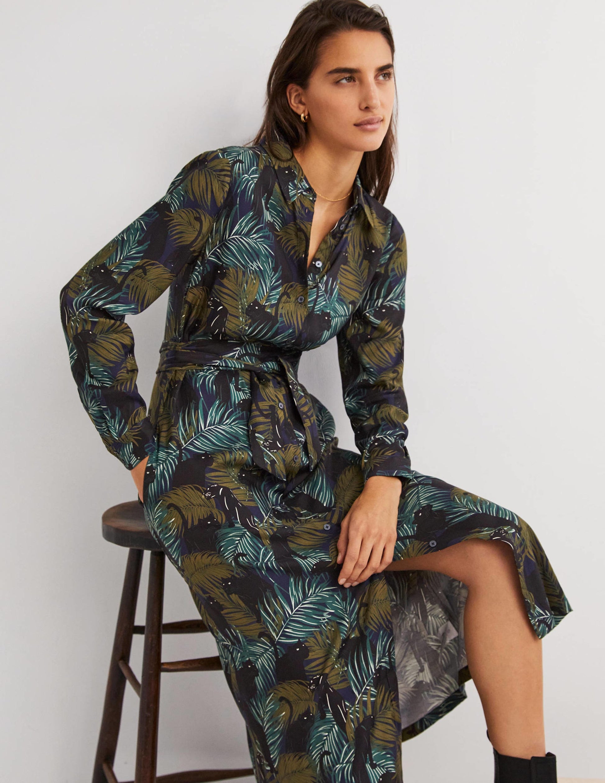 Long Sleeve Midi Shirt Dress-Navy, Tropic Panther-1