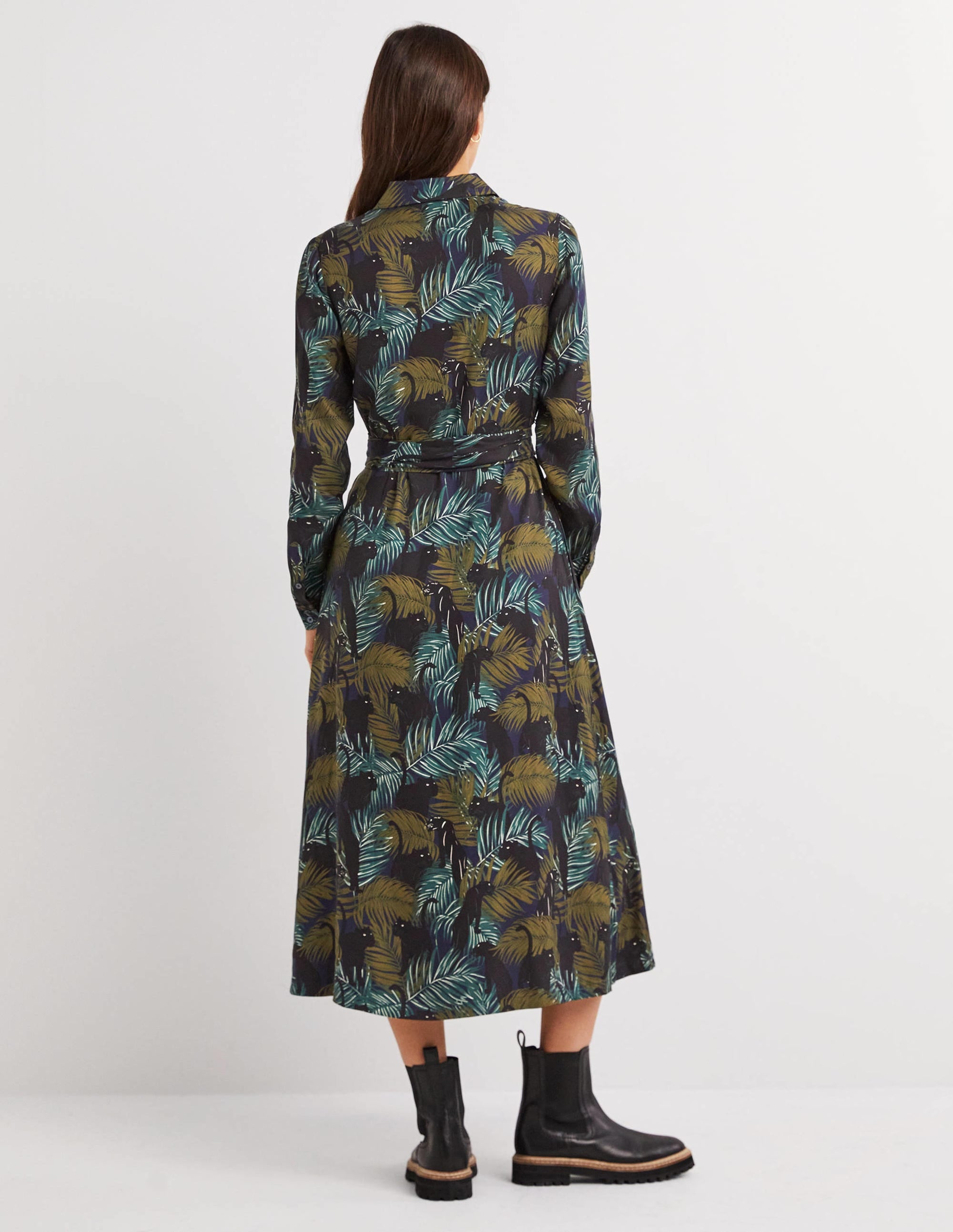 Langärmliges Midi-Hemdblusenkleid-Navy, Tropischer Panther - Image 3