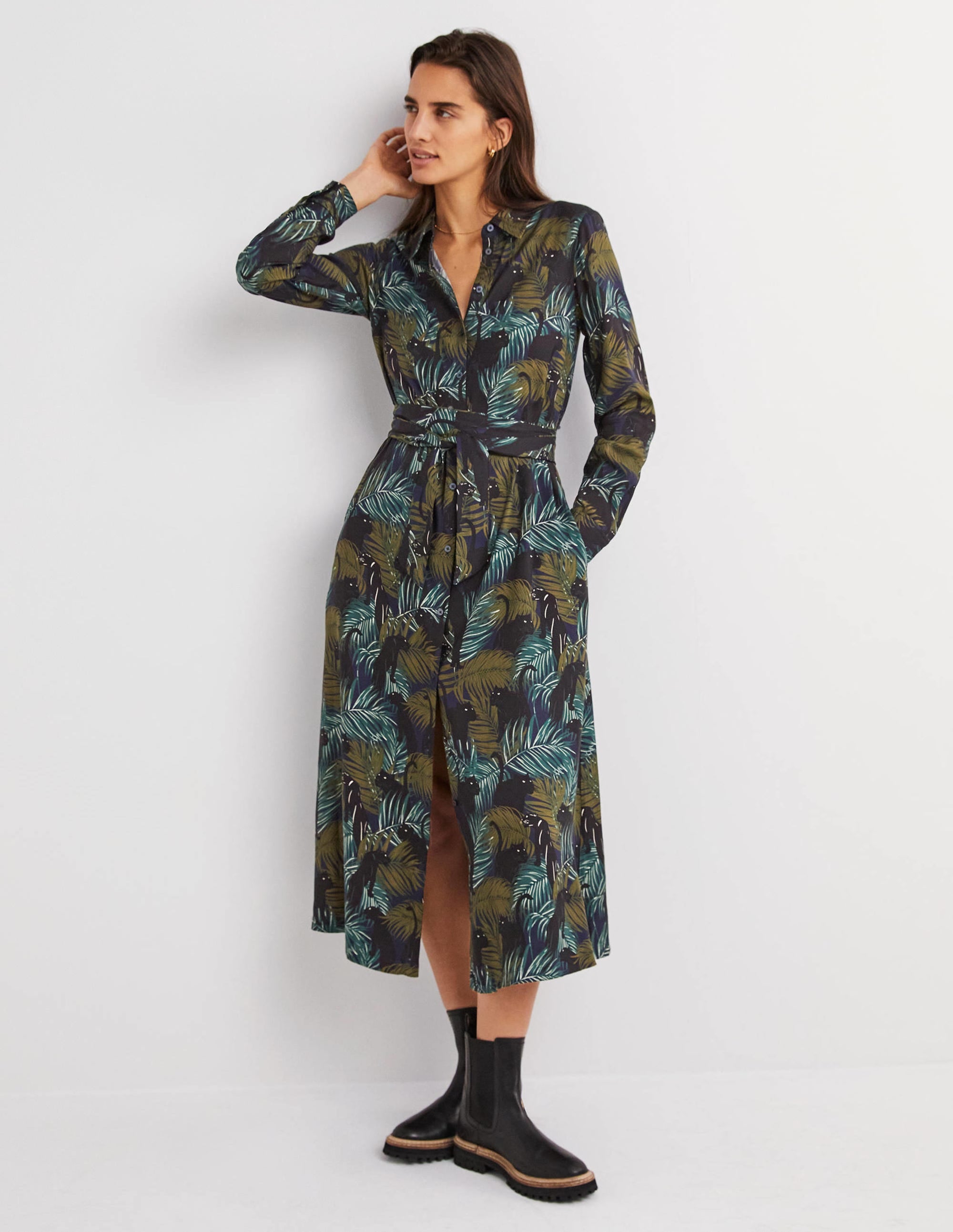 Langärmliges Midi-Hemdblusenkleid-Navy, Tropischer Panther - Image 4