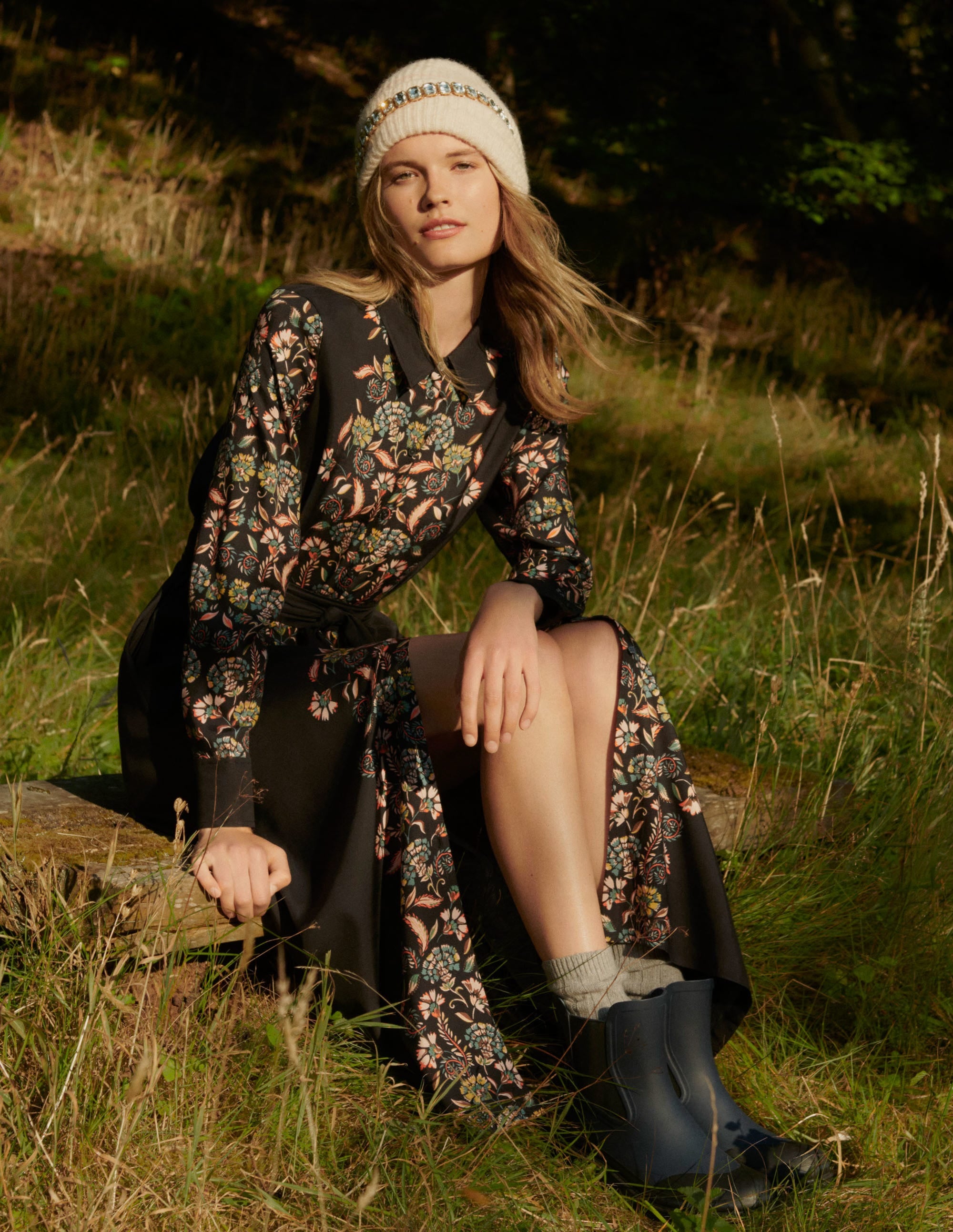 Langärmliges Midi-Hemdblusenkleid-Navy, Tropischer Panther - Image 6