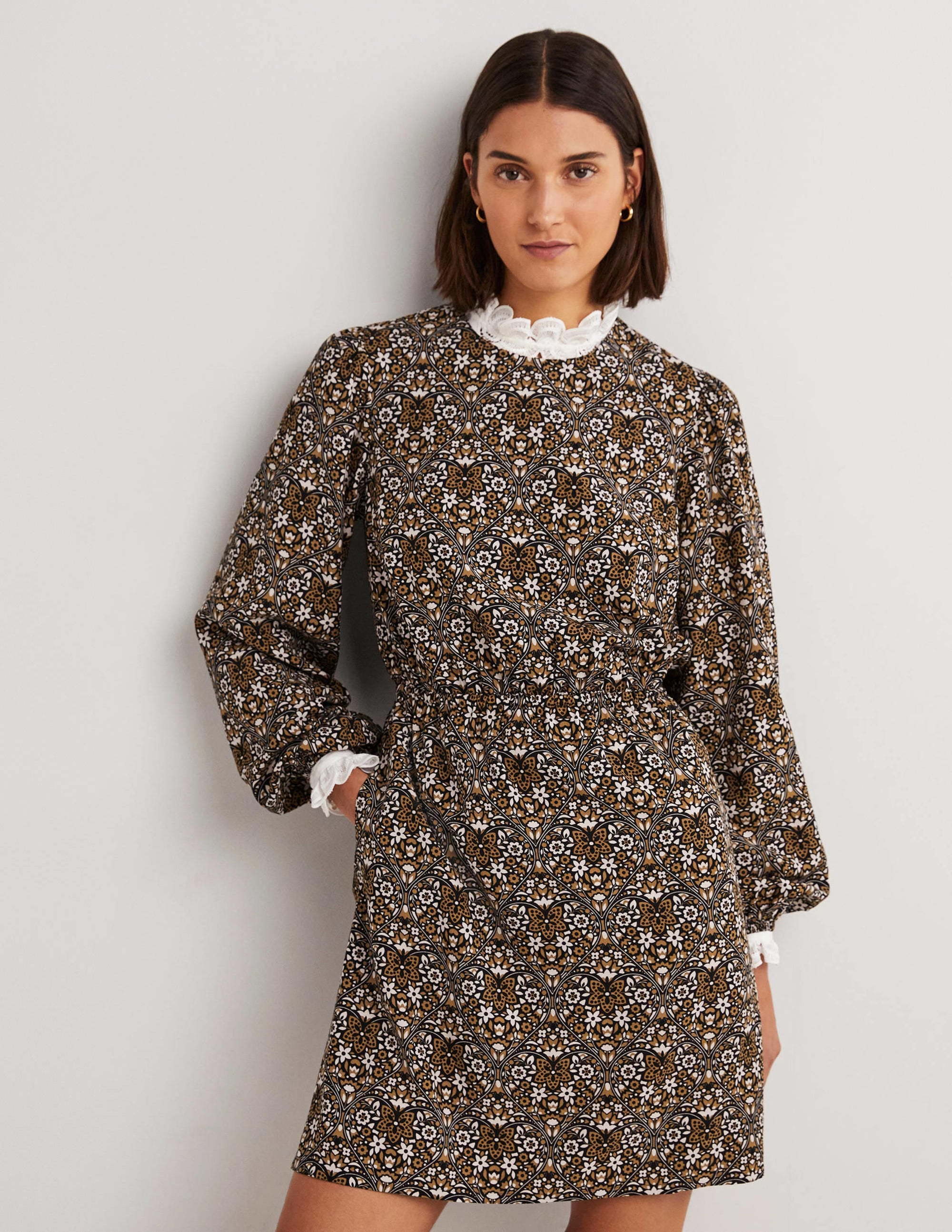 Kleid mit Rundhalsausschnitt-Dijonsenfgelb, Blütenherzen - Image 1