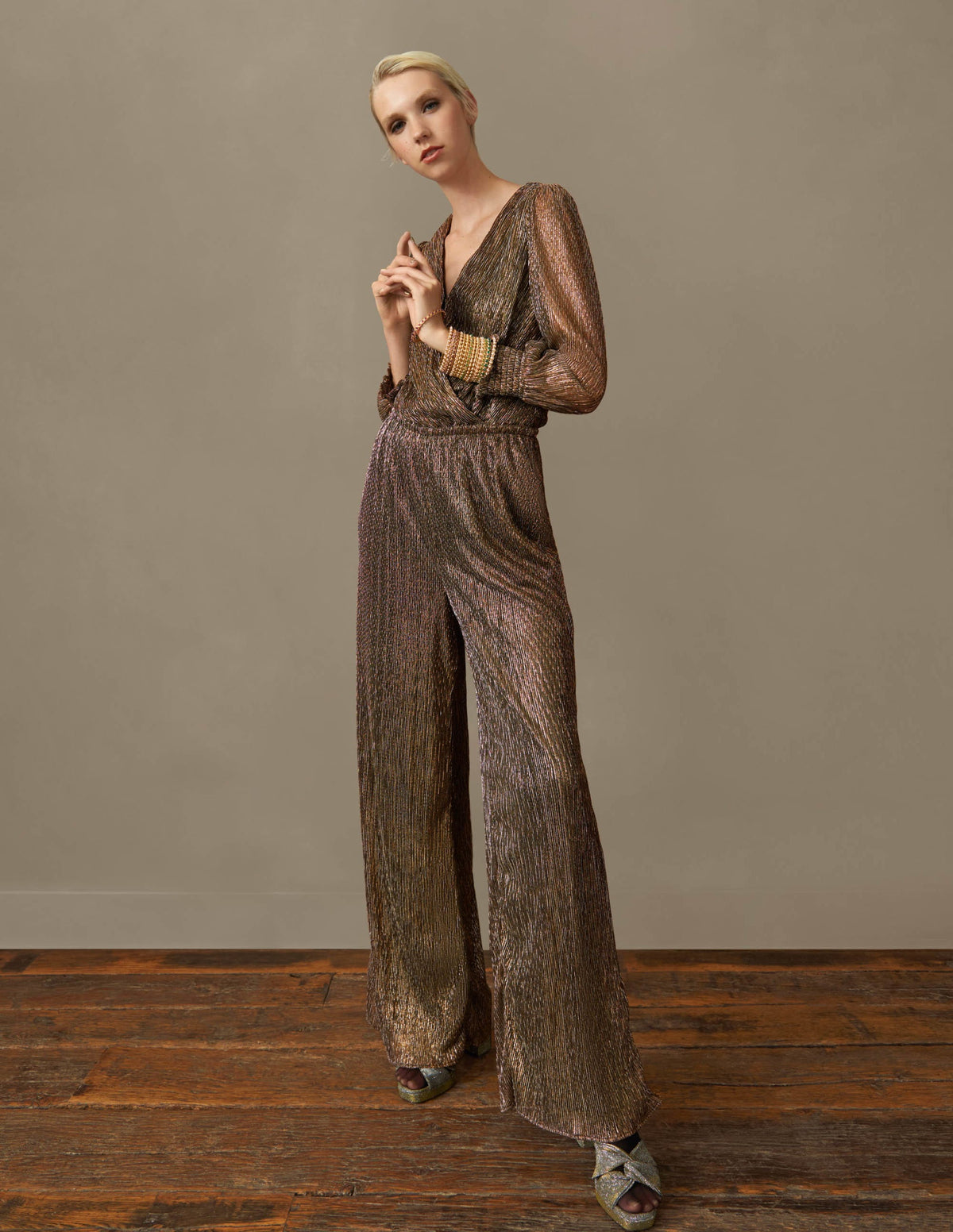 Plissee-Jumpsuit mit Palazzobeinen-Gold/Schwarz, Lurex - Image 7