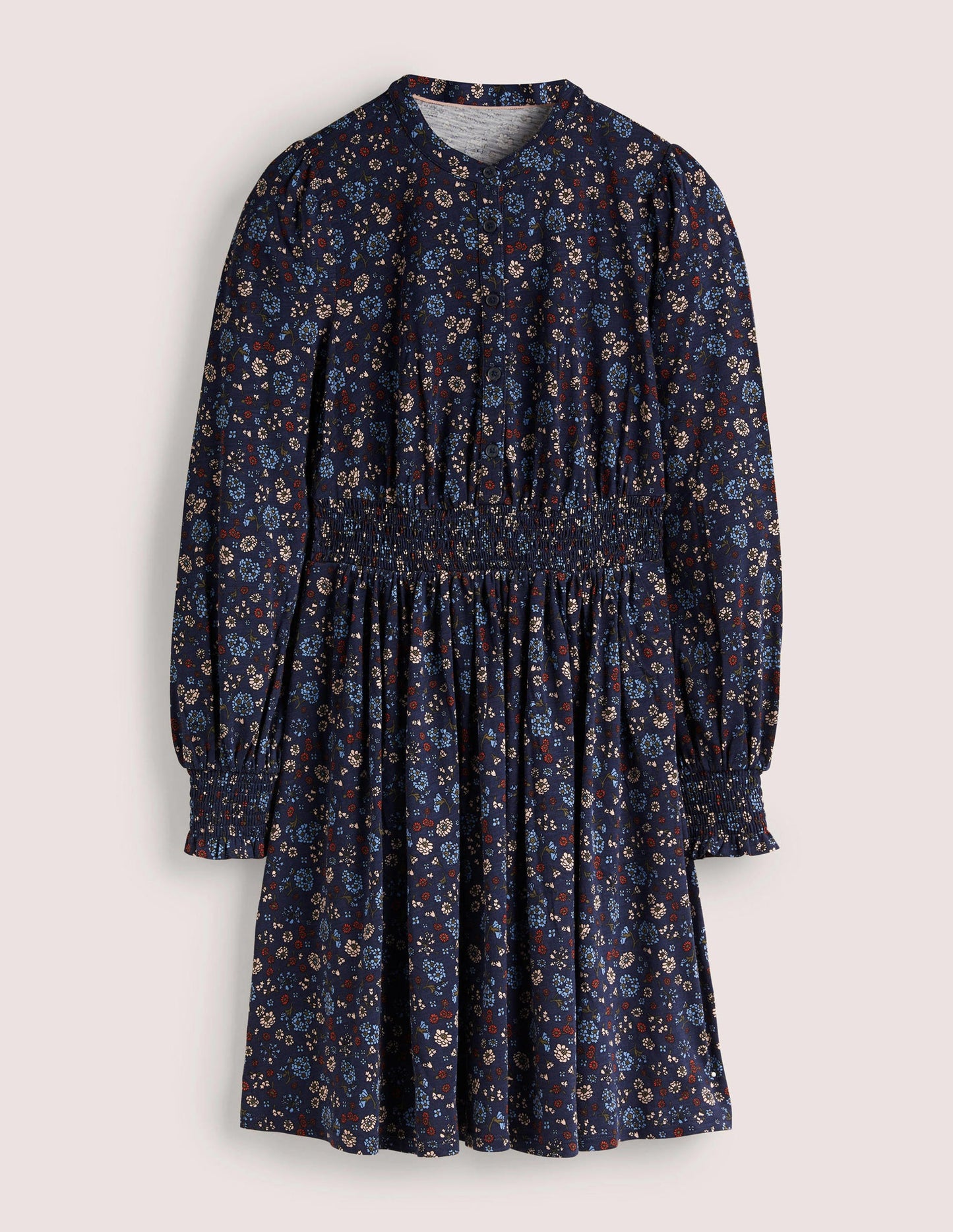 Jerseyhemdblusenkleid mit Smokdetail-Navy, Kleines Blumenmuster