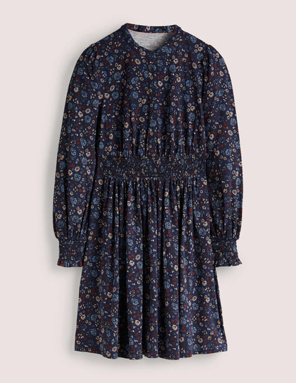 Jerseyhemdblusenkleid mit Smokdetail-Navy, Kleines Blumenmuster-6