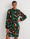 Jersey-Minikleid mit Blousonärmeln-Bunt, Abstraktes Wirbelmuster