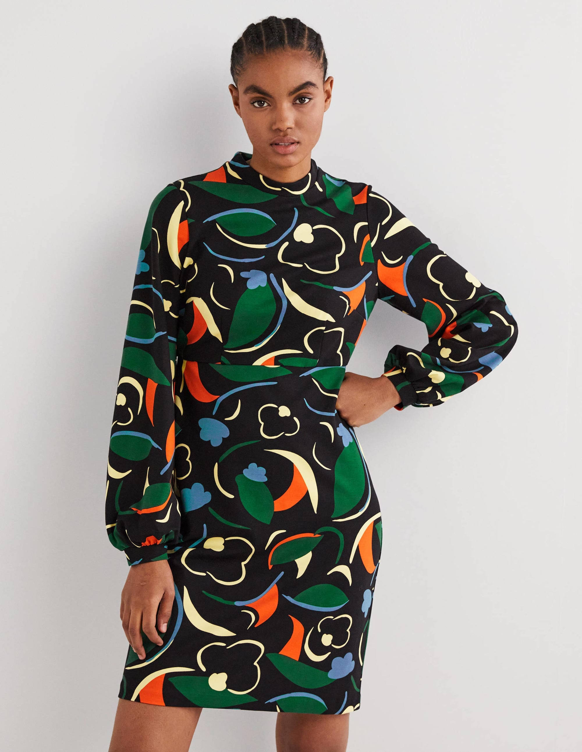 Jersey-Minikleid mit Blousonärmeln-Bunt, Abstraktes Wirbelmuster - Image 1