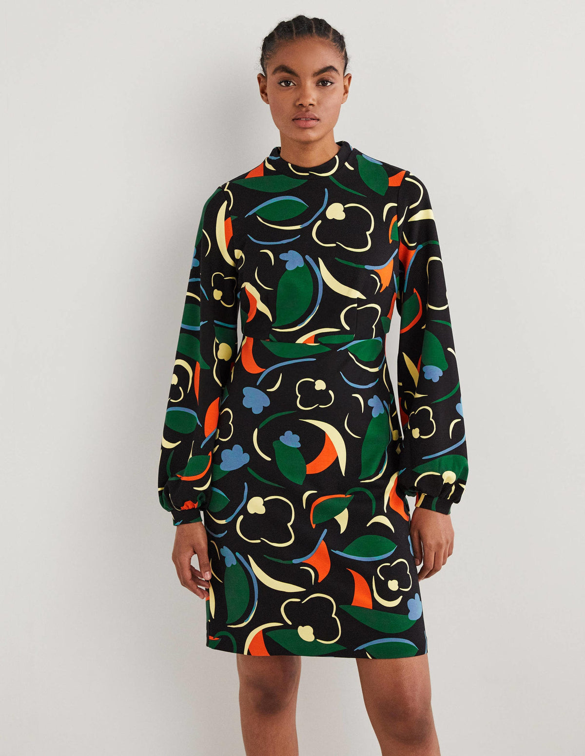 Jersey-Minikleid mit Blousonärmeln-Bunt, Abstraktes Wirbelmuster-4